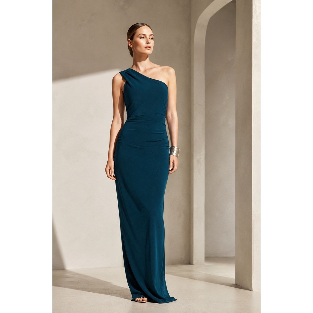 Xscape One Shoulder Gown Women 6 Teal Ruched Back Zip Formal Maxi Dress